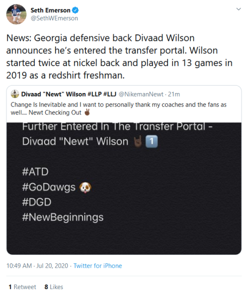 Screenshot_2020-07-20 (2) Seth Emerson on Twitter News Georgia defensive back Divaad Wilson announces he’s entered the tran[...]